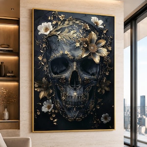 Dark Skull Canvas Art with Gold Floral Embellishments, Gothic Home Decor Print, Living Room