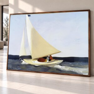 Edward Hopper Style, Classic Sailboat Scene, Nautical Home Decoration, Ocean Breeze Landscape, Ready to Premium Canvas Print