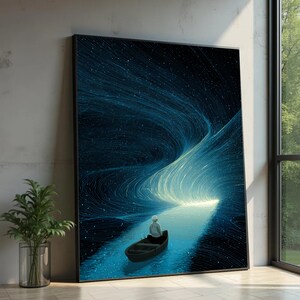 Cosmic River Boat Canvas Print Art, Surreal Night Sky, Abstract Wall Decor
