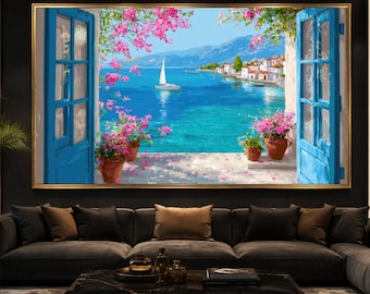 Mediterranean Seaside View, Blue Window Canvas, Floral Balcony Wall Art, Coastal Landscape Canvas, Scenic Ocean Art, Premium Canvas Print