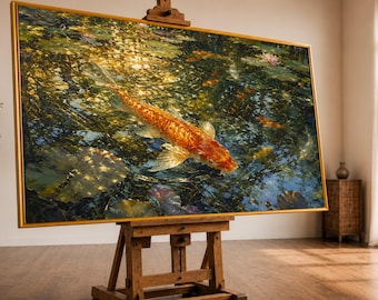 Golden Koi Fish Pond Canvas, Tranquil Water Garden Wall Art, Asian Nature Decor, Lily Pad and Fish Artwork, Ready to Premium Canvas Print
