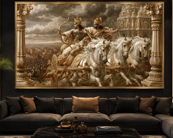 Epic Chariot Battle Scene Canvas, Indian Mythology Art, Ancient Warriors Canvas, Historic War Canvas, Detailed Horse Premium Canvas Print