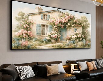 Charming Cottage Rose Garden Canvas Art, Floral Home Decor Print, Living Room