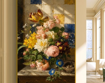 Vibrant Floral Bouquet Canvas, Classic Still Life Wall Art, Spring Flower Arrangement, Nature Home Decoration, Ready to Premium Canvas Print