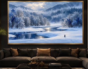 Winter River Landscape Canvas, Snow Covered Trees Wall Art, Serene Nature Scene, Misty Mountains Canvas, Scenic Winter Premium Canvas Print