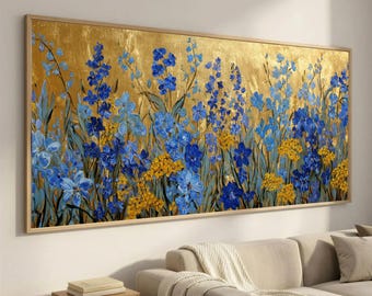 Blue Yellow Wildflower Canvas Art, Gold Background Floral Botanical Print, Living Room