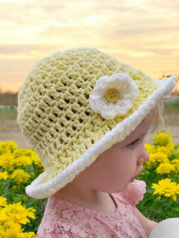 Handmade Crochet Toddler Sun Hat- Yellow or Peach with Flower- 1-2 years