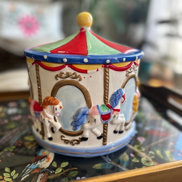 Vintage Carousel Horse Cookie Jar Storage Container Colorful Ceramic  Circus