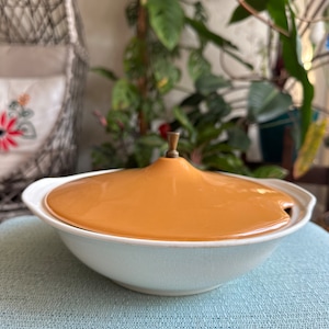 Vintage MCM White Ceramic Soup Serving Tureen With Mustard Orange Color LID