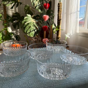 May include: Six clear glass bowls with a decorative starburst pattern are arranged on a blue surface. The bowls are round with a slightly flared rim. The background includes green plants and a window with natural light.