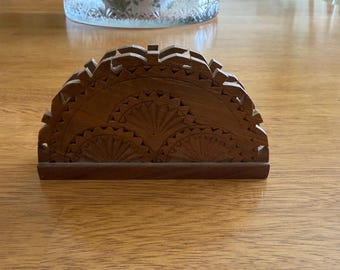 Vintage Carved Wooden Napkin Holder, Letter Holder, Boho Mail Organizer