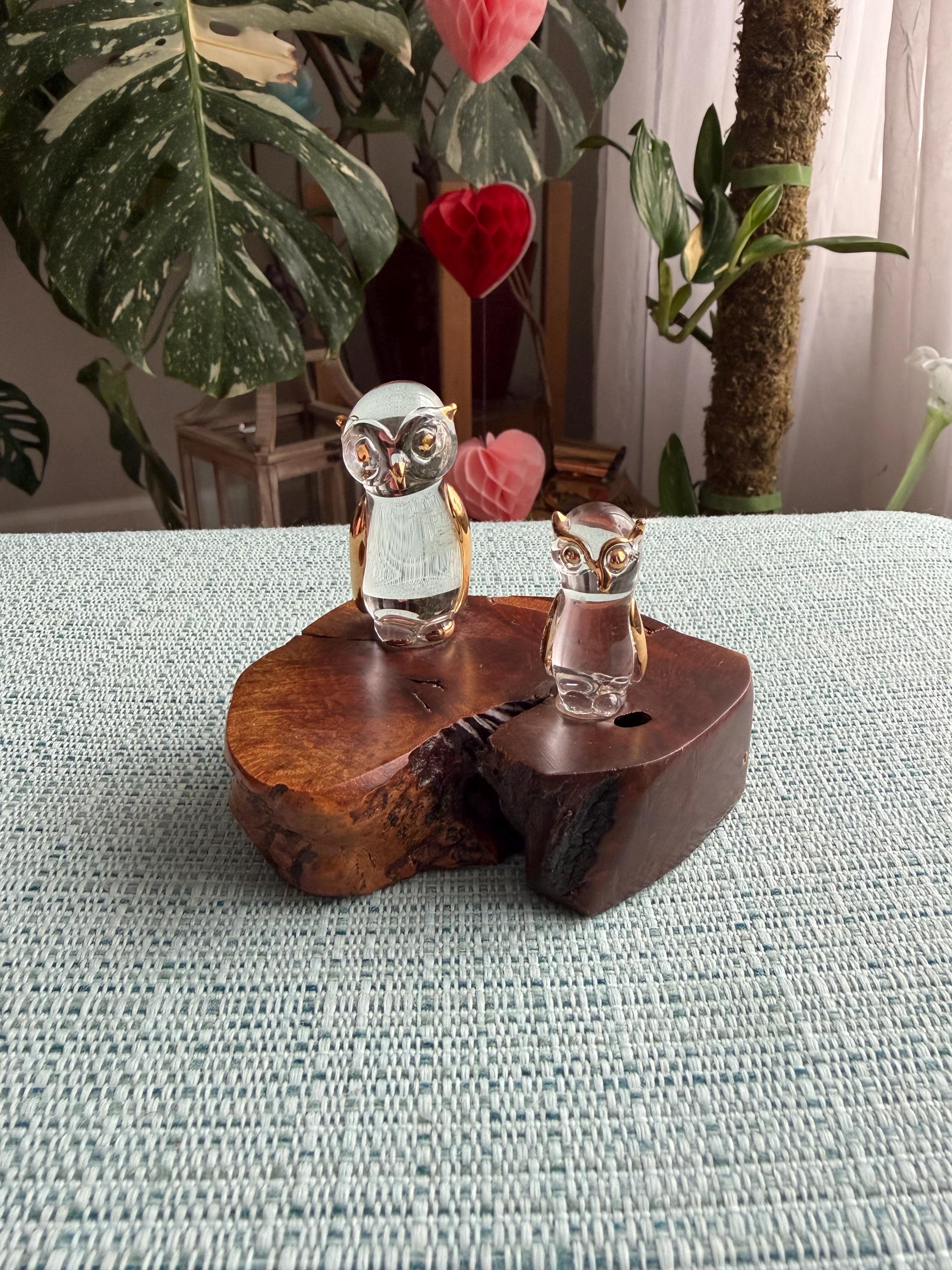 Vintage Glass Pair Of Owls with Gold Details on Wooden Branch Stand