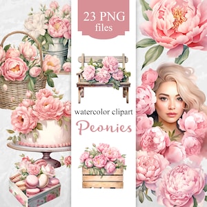 Peonies flowers watercolor clipart, Summer flowers clipart, Bouquet of peonies PNG, Set of peonies