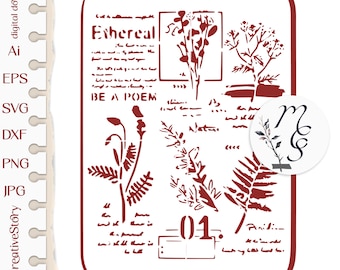 Szablon botaniczny svg, kwiaty, tło szablonu, pliki dla Cricut, sylwetka, kamea, pliki cyfrowe do natychmiastowego pobrania SVG, dxf, eps, png