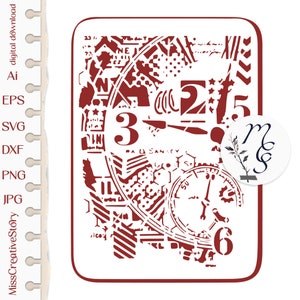 May include: Red and white stencil with a clock face, numbers, and geometric shapes. The stencil is designed for crafting and decorating.