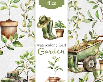 May include: Watercolor clipart set of 50 PNG files featuring garden elements, including plants, a wheelbarrow, gardening tools, and boots. The text "watercolor clipart Garden" is included in the image.