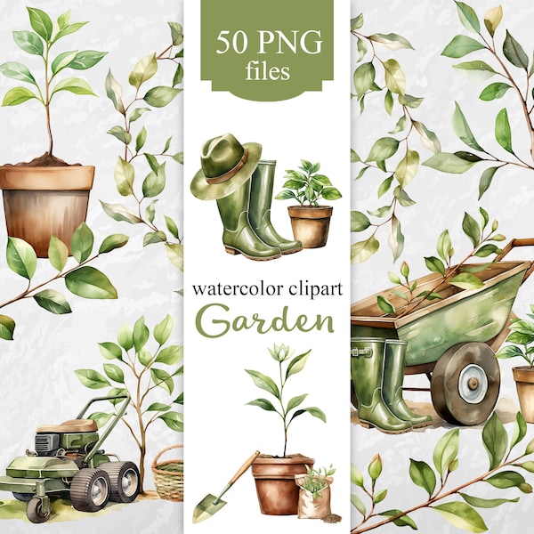 Garden watercolor clipart, Gardening, herb garden, potted plants