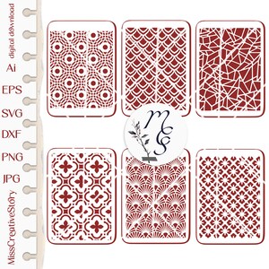 May include: Six digital download files for geometric patterns in red and white. The patterns include a repeating circle design, a scale pattern, a cracked glass pattern, a tile pattern, a fan pattern, and a repeating star pattern.