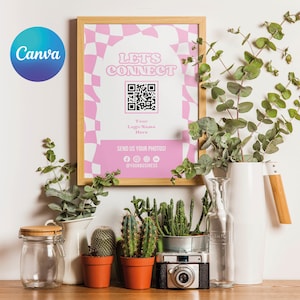 Retro Pink Social Media Sign, Editable Canva Template, Printable Small Business QR code sign, Follow Us on Social Media Sign, Lets Connect