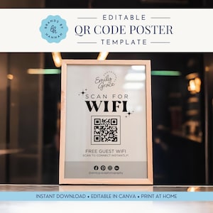 Könnte beinhalten: Ein gerahmtes Poster mit einem hellen Holzrahmen. Das Poster enthält den Text "SCAN FOR WIFI" und einen QR-Code. Unter dem QR-Code steht "FREE GUEST WIFI SCAN TO CONNECT INSTANTLY!". Das Poster ist eine Vorlage für einen QR-Code.