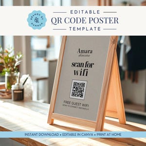Könnte beinhalten: Ein hölzernes A-Rahmen-Schild mit dem Text "EDITABLE QR CODE POSTER TEMPLATE". Das Schild zeigt "Amara skincare" und "scan for wifi" mit einem QR-Code. Darunter steht "FREE GUEST WIFI SCAN TO CONNECT INSTANTLY!"