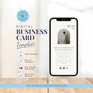 May include: A digital business card template displayed on a smartphone screen. The screen shows a minimalist design with the text Mina Web Co., Brand & Web Design for creative entrepreneurs, and buttons for View Portfolio, Work With Me, and Contact.