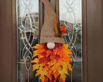 Small Autumn Fall Wreath Gnome Hat Maple Leaf Wreath | Christmas Decoration | Thanksgiving Wreath, Halloween Decoration | Outdoor Wreath