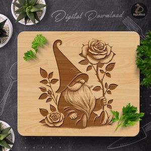 May include: A wood-carved cutting board with a design of a gnome holding a rose. The gnome is wearing a pointed hat and has a long beard. The rose is in bloom and has a stem with leaves.