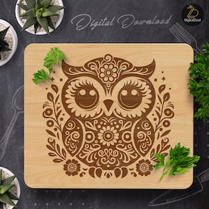 Owl Floral SVG, Laser Engraving Cut Files, Owl Charcuterie Design, Chopping Board PNG, Cutting Board Svg, Glowforge, Laser Cut File