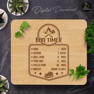 Op de afbeelding: Een houten snijplank met een ingebrand ontwerp van een BBQ-timer. De timer bevat een lijst met gaarheidniveaus voor vlees, zoals rauw, medium, goed gaar, varkensribben, pulled pork en brisket, met overeenkomstige bierconsumptieniveaus.