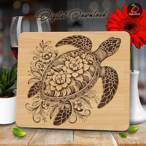 Floral zeeschildpad SVG: lasergravurebestanden, charcuterieontwerp (digitale download)