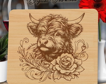 Highland Cow Floral Laser Cut File: Engraving SVG, PNG (Digital Download)