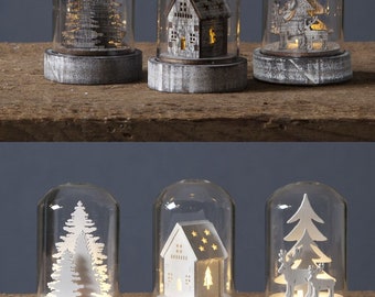 AKTION 3er Set Lichtglas Kuppel Motiv Wald Rentier Haus mit LED Größe ca. 5,5 x 8,5 cm