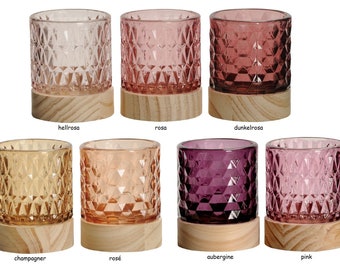 Windlicht Teelichthalter Glas mit Holzsockel Höhe ca. 8cm x DM ca. 7cm Farbwahl