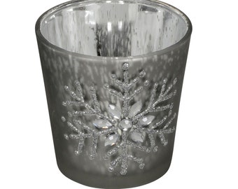 AKTION Teelichthalter "Schneeflocke" aus Glas mit Kristallsteinchen, Ø 7,5 cm