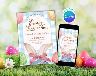 Easter Egg Hunt Brunch Digital Invitation Template Blue Gingham Bunny Rabbit Spring Party Editable in Canva INV-006