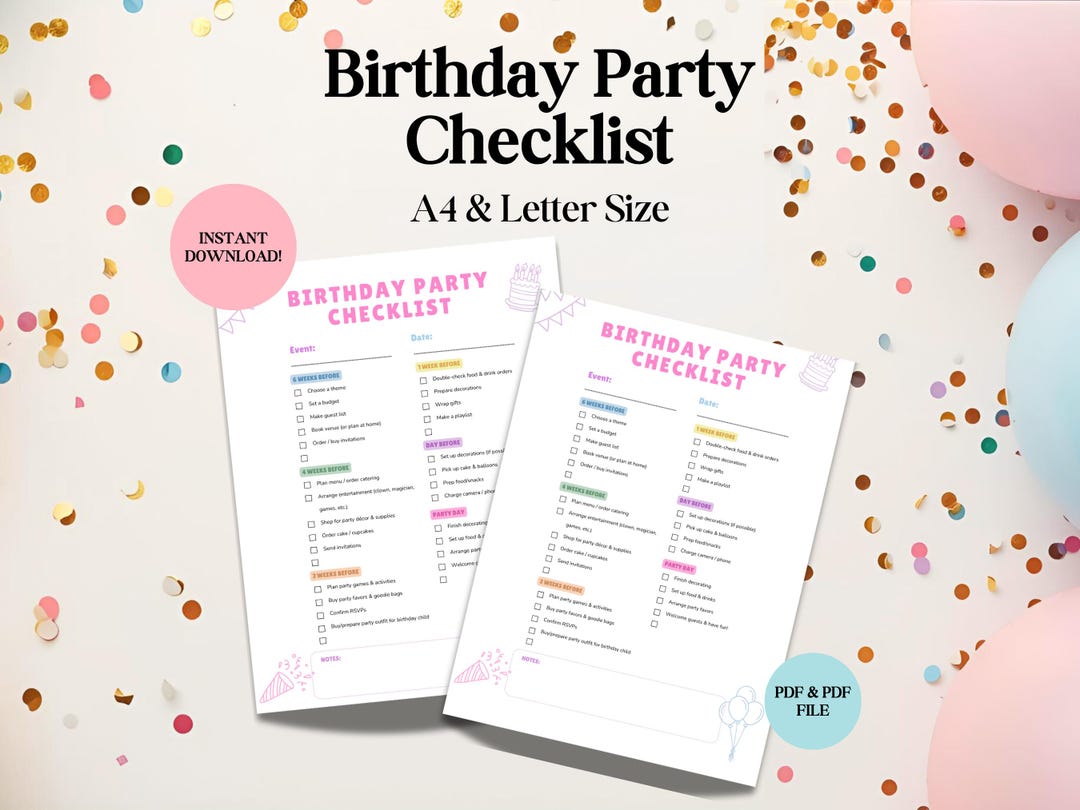 Digital Planner Kids Birthday Party Checklist Printable PDF PNG Instant ...