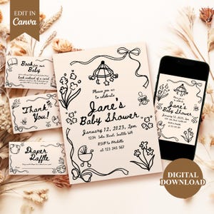 Grillige handgetekende babyshower uitnodiging sjabloon handdraw bewerkbare digitale sjabloon Canva minimalistisch genderneutraal doodle Krabbel leuk