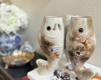 Rare Vintage Sculptural Japanese Porcelain Koi Carp Floral Vase With 3 Fish | Chinoiserie Chic | Unique Table Decor | Grandmillennial Design