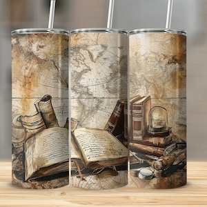 Vaso de viaje con mapa antiguo, vaso con mapa del mundo antiguo, taza de café para exploradores, regalo para amantes de los libros, artículos para beber con encanto del viejo mundo, diseño sin costuras
