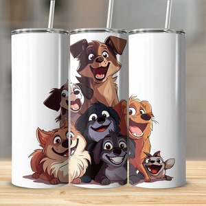 Adorable vaso con diseño de perros de dibujos animados, taza de viaje con ilustración colorida de mascotas, taza de acero inoxidable aislada, regalo para amantes de los perros, diseño sin costuras