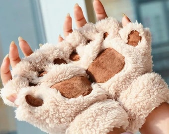 Schattige kattenpoothandschoenen, handgemaakte poothandschoenen, vingerloze kattenpoothandschoenen, kattenliefhebberscadeau, harige poot, warme handschoenen, winterhandschoenen, dierenhandschoenen