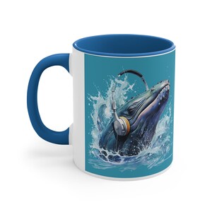 Blue whale  Eco-Friendly 11oz. Accent Coffee Mug,  Whale wearing  headphones and text &quot;A whale-y good song&quot; Gift for marine animals lover