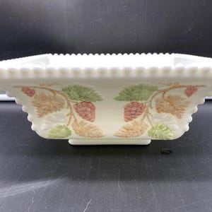 Westmoreland Hand Painted White Milk Glass 9&quot; Pedestal Square Bowl Beaded Corners Grapes and Leaves