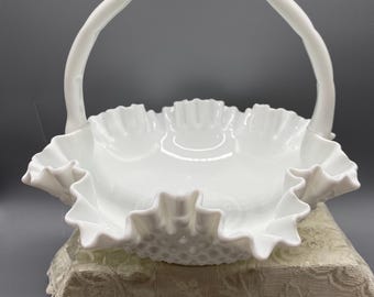 Fenton Milk Glass Hobnail Large Basket With Handle Vase Bride's Basket 11 Inch