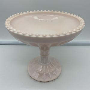 1950&#39;s Jeannette Shell Pink Milk Glass 5.5&quot; Compote Windsor Diamond Pattern