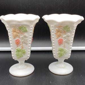 Westmoreland Hand Painted White Milk Glass 5-3/4&quot; Pedestal Vases Beaded Panels Grapes Leaves Set of 2