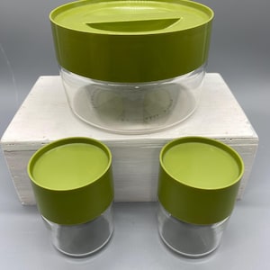 Vintage Pyrex Green Lid w/Clear Glass Canisters, Store 'N See Avocado Green Canister Storage Set of 3, Corning Ware Compatibles