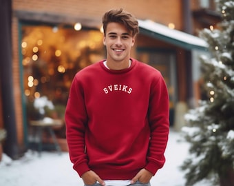 Latvia EMBROIDERY SVEIKS Sweatshirt, Latvian Friend EMBROIDERED Gift, Latvija Christmas Present, Red Sweater, Holiday Travel Trendy Trip Top