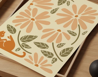 May include: A digital illustration of a stylized orange cat sitting amongst a pattern of peach-colored flowers and green leaves on a cream background.